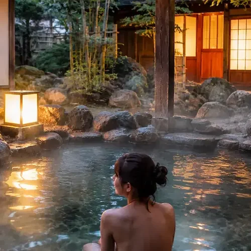 Onsen traditionnel japonais Femme détendue dans un onsen traditionnel japonais, entourée de bambous et de lanternes en papier, au cœur d'un paysage naturel apaisant.