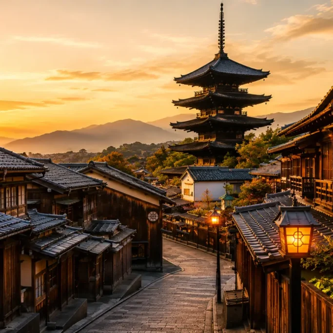 Kyoto Rue traditionnelle de Kyoto au coucher du soleil avec pagode japonaise et maisons en bois historiques